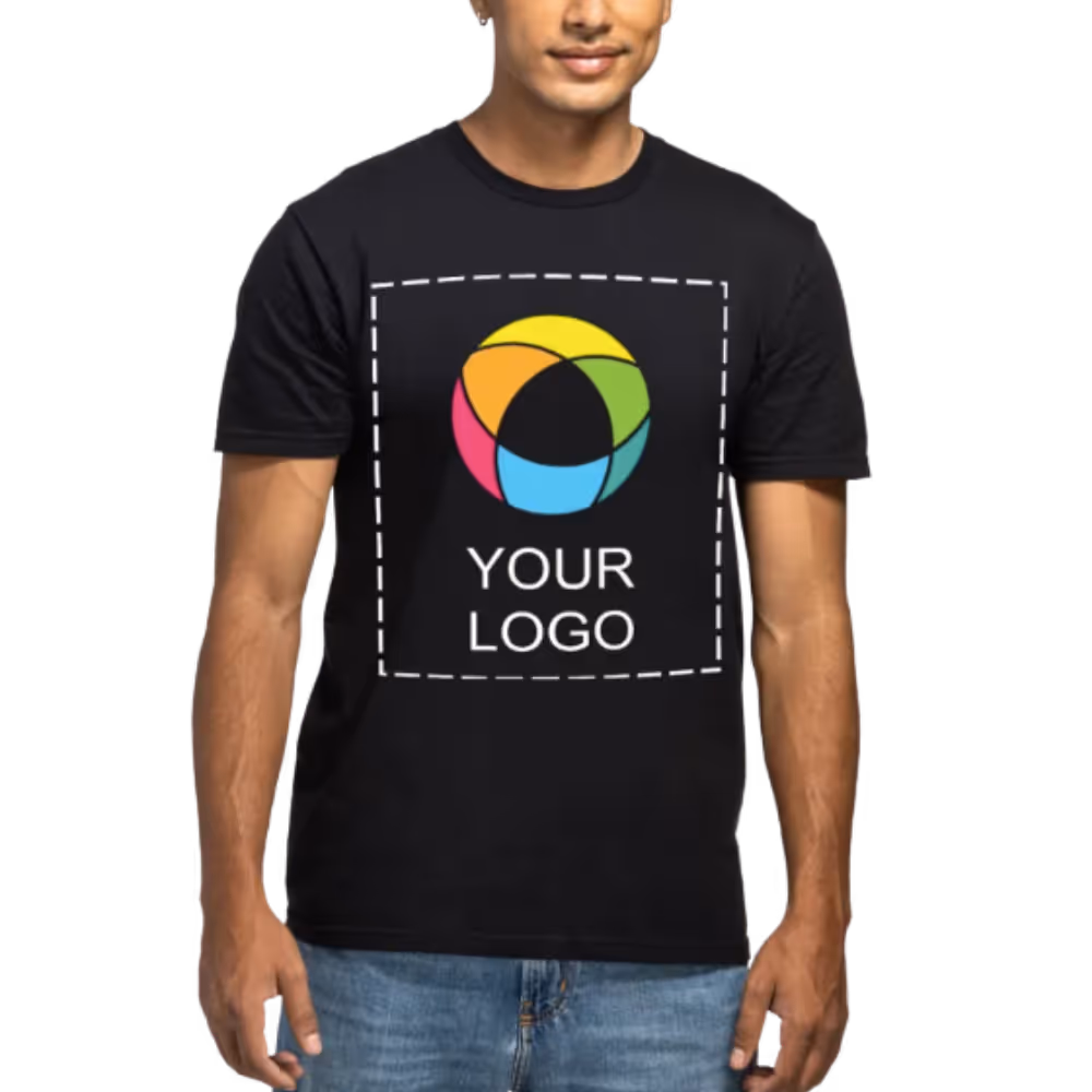 Man wearing a black t-shirt with a multicolored circular logo and the text 'YOUR LOGO' inside a dashed rectangle on the chest.