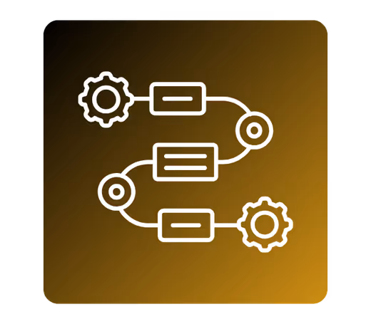 White line icon of a flowchart with gears and connected rectangular blocks on a dark yellow gradient background.