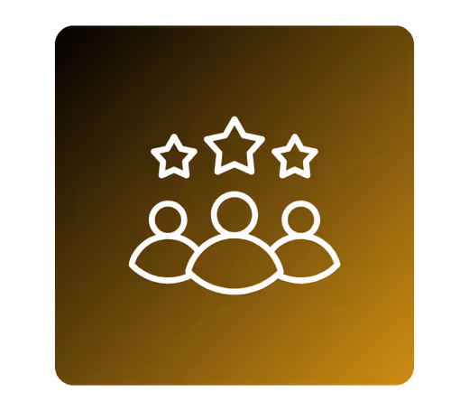Icon of three user figures under three stars representing user rating or reviews on a gradient brown background.