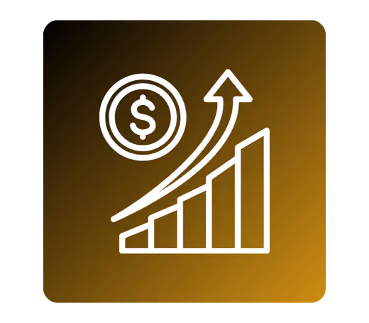 Icon of a bar chart with an upward arrow and a dollar sign, symbolizing financial growth or profit increase.