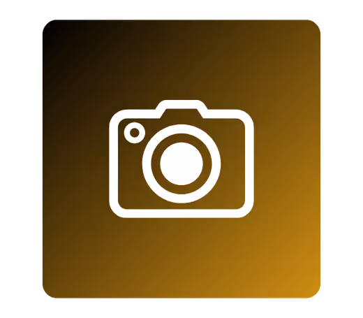 White camera icon on a gradient brown and gold square background.