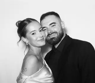 Two color photo booth strips featuring women in elegant dresses posing in front of a leafy green backdrop