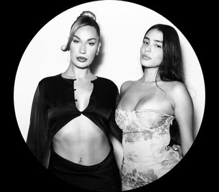 Two color photo booth strips featuring women in elegant dresses posing in front of a leafy green backdrop