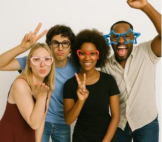 Two color photo booth strips featuring women in elegant dresses posing in front of a leafy green backdrop