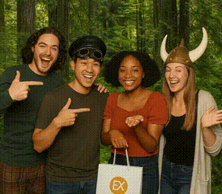 Two color photo booth strips featuring women in elegant dresses posing in front of a leafy green backdrop