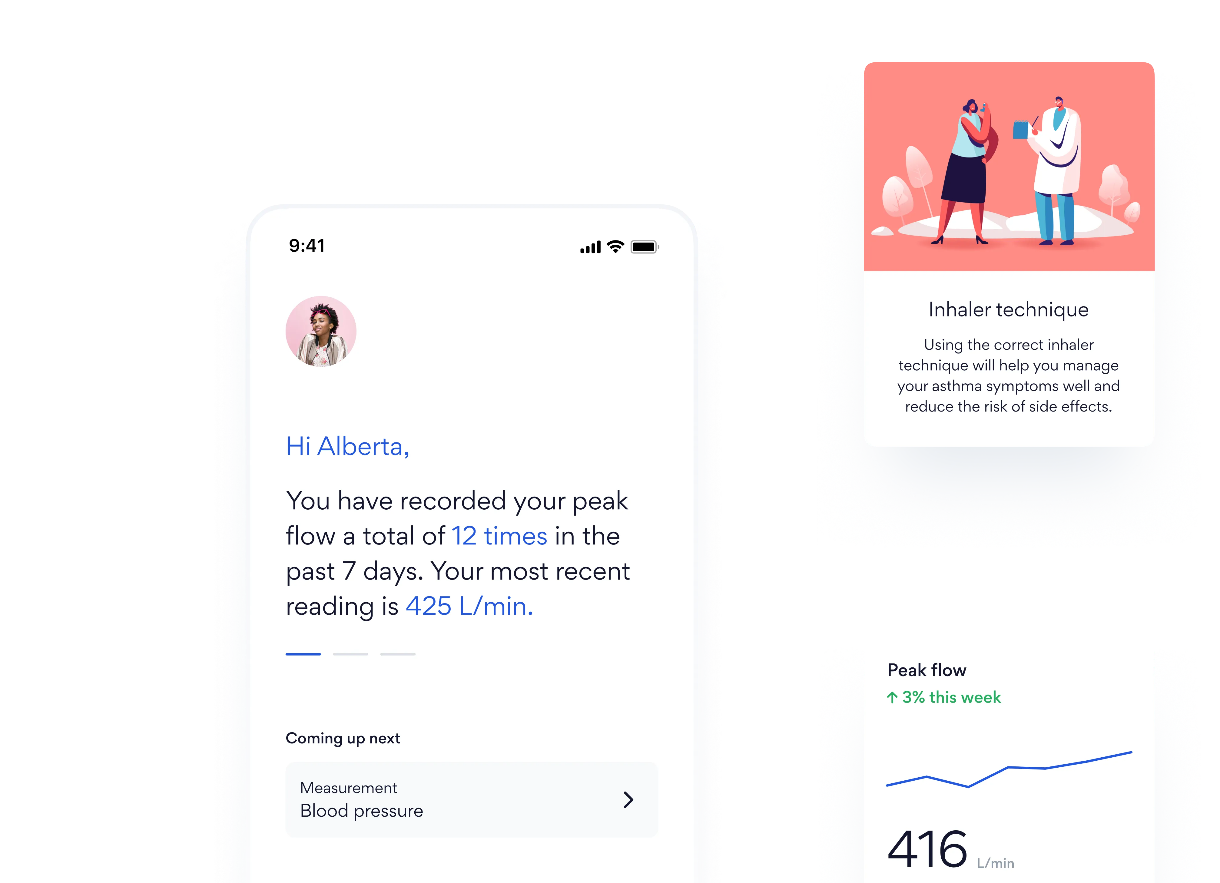 A graphic showing the Home screen of the Aide app, an example content card and example measurement card.