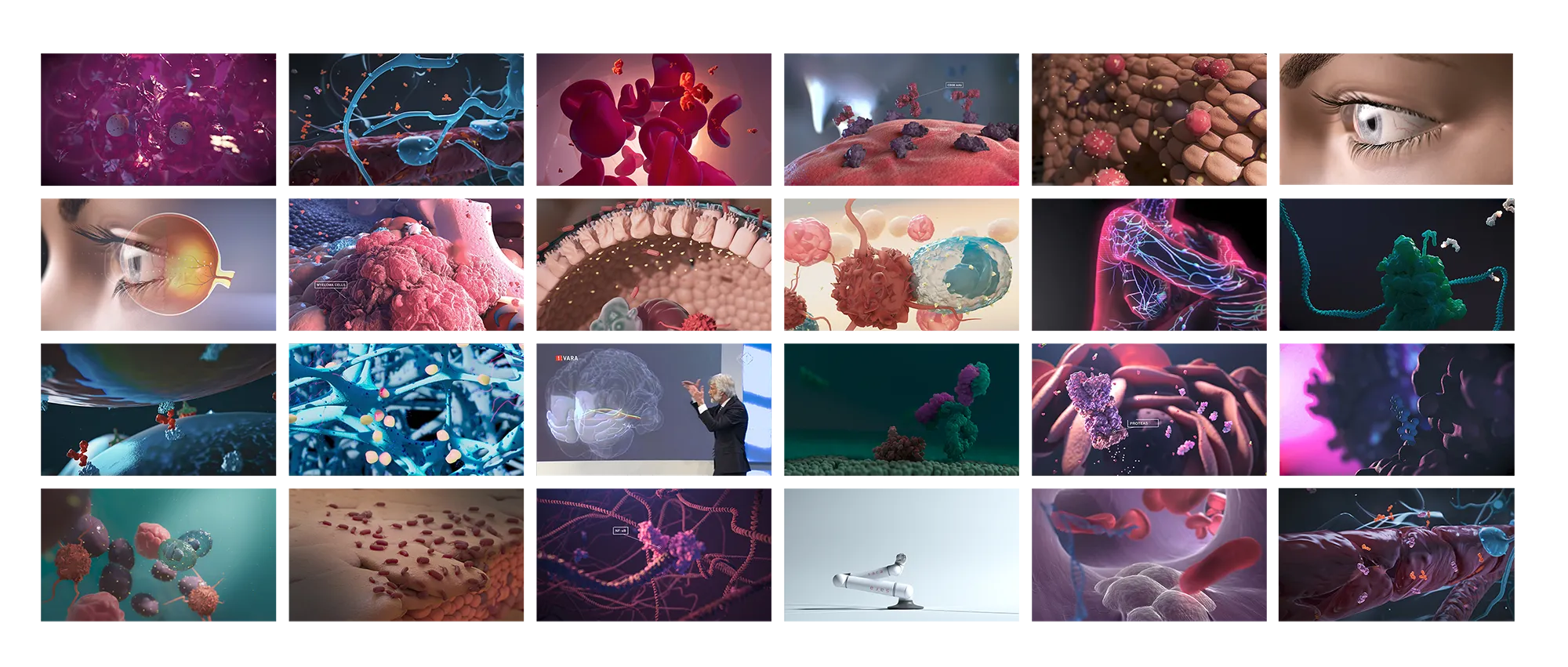 Collage of scientific and medical 3D illustrations showing cells, blood, eye anatomy, brain, and molecular structures.