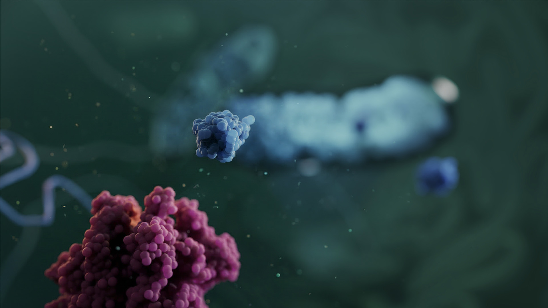 3D illustration of molecular structures, featuring clustered purple and blue spherical particles against a dark, blurred background.