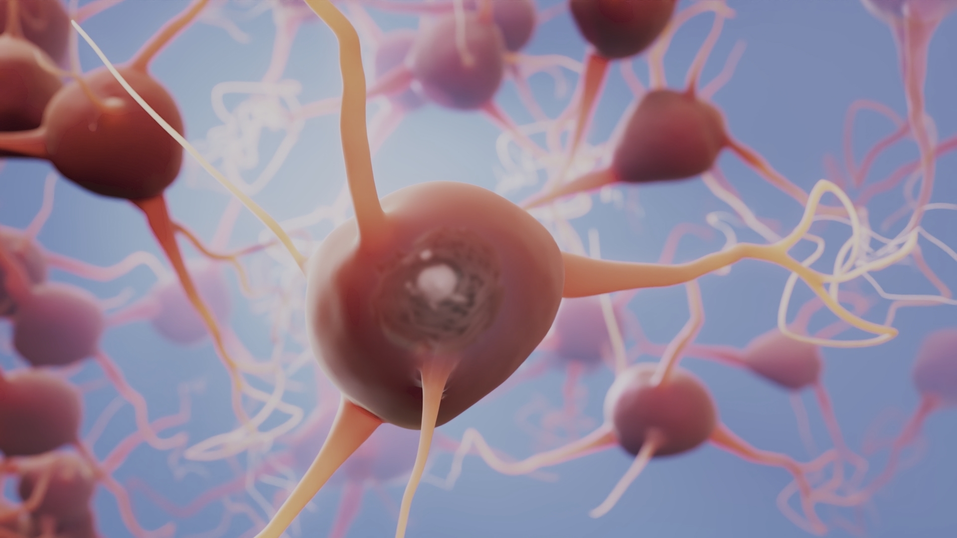 Close-up digital illustration of interconnected neurons with axons and dendrites against a blue background.