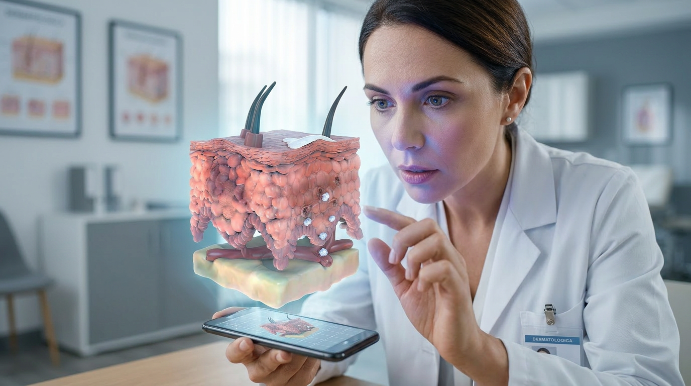 Female dermatologist in a white lab coat viewing a 3D digital model of a skin cross-section projected above a smartphone.