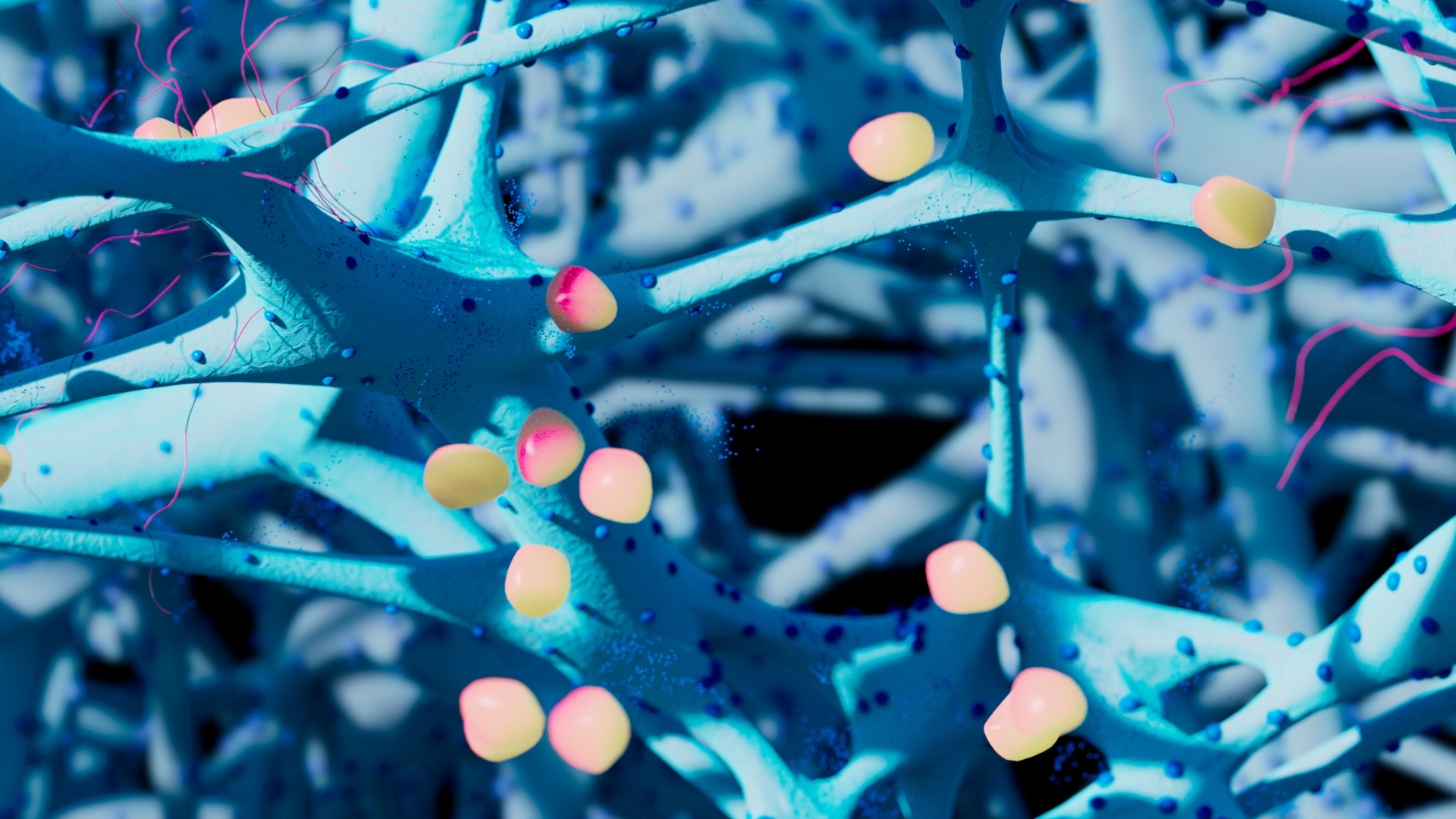 3D illustration of molecular structures, featuring clustered purple and blue spherical particles against a dark, blurred background.