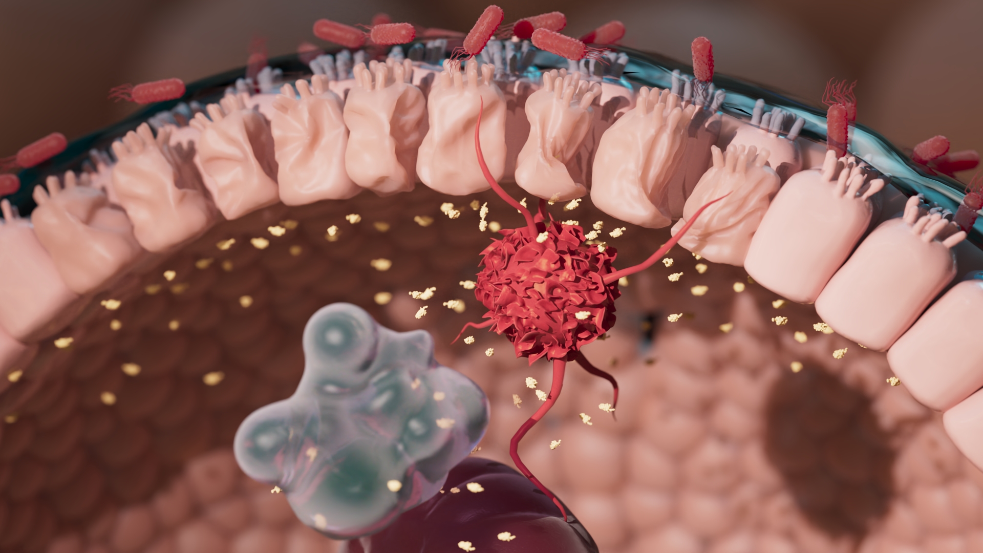 Close-up digital illustration of interconnected neurons with axons and dendrites against a blue background.
