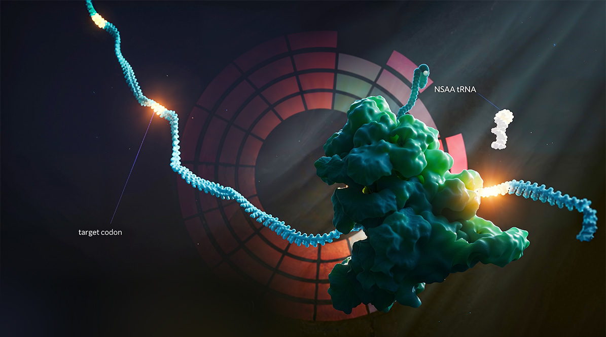 Close-up of several textured chromosomes floating in a dark blue background with light particles.