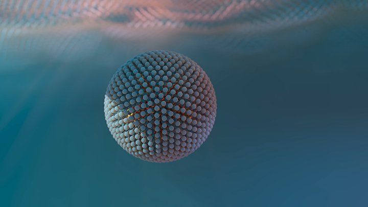 3D blue sphere made of small spheres with orange lines floating in a blue gradient background.