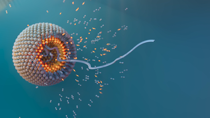 3D model showing a spherical virus releasing genetic material strands into surrounding space.