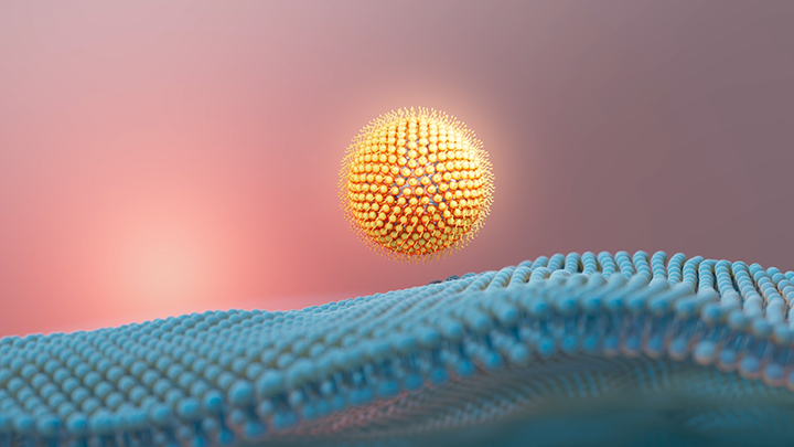 Yellow spherical object with spikes floating above a surface made of blue spherical particles.