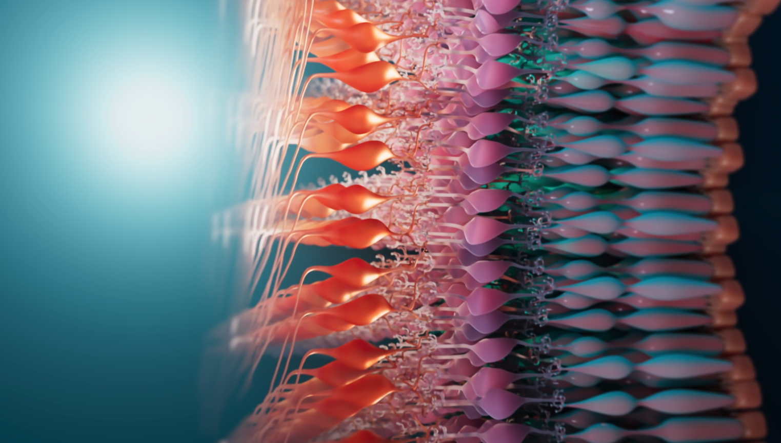 Side view of colorful photoreceptor cells in a retina with a light source on the left side.