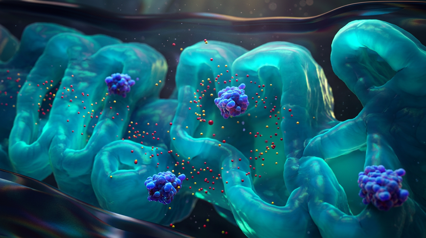 Blue mitochondria releasing particles with purple cluster-like molecules inside a cell.