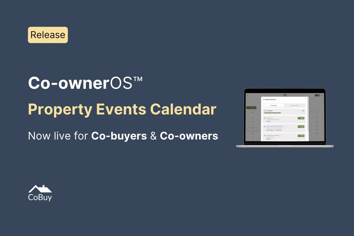 Co-ownerOS™ Property Events Calendar release announcement showing laptop with calendar interface for co-buyers and co-owners