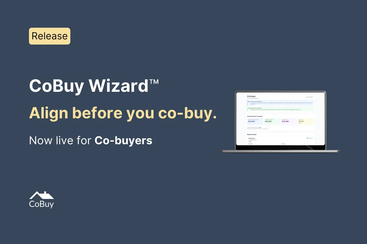 CoBuy Wizard product interface with the text “Align before you co-buy” announcing availability for co-buyers