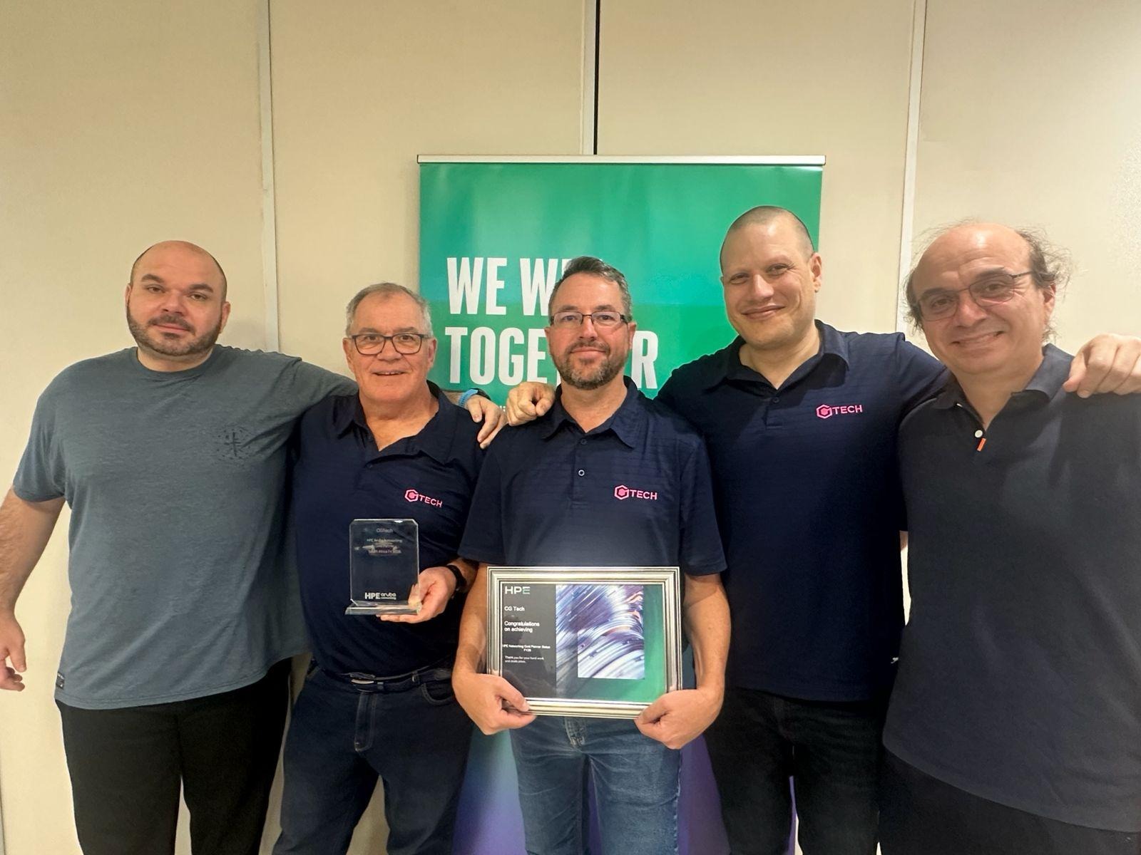 CGTech team receiving HPE Aruba Networking Gold Partner award at industry event