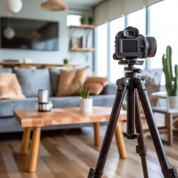 appareil photo en premier plan qui prend une photo d'un salon avec un canapé gris-bleu avec plusieurs coussins décoratis et une table basse en bois