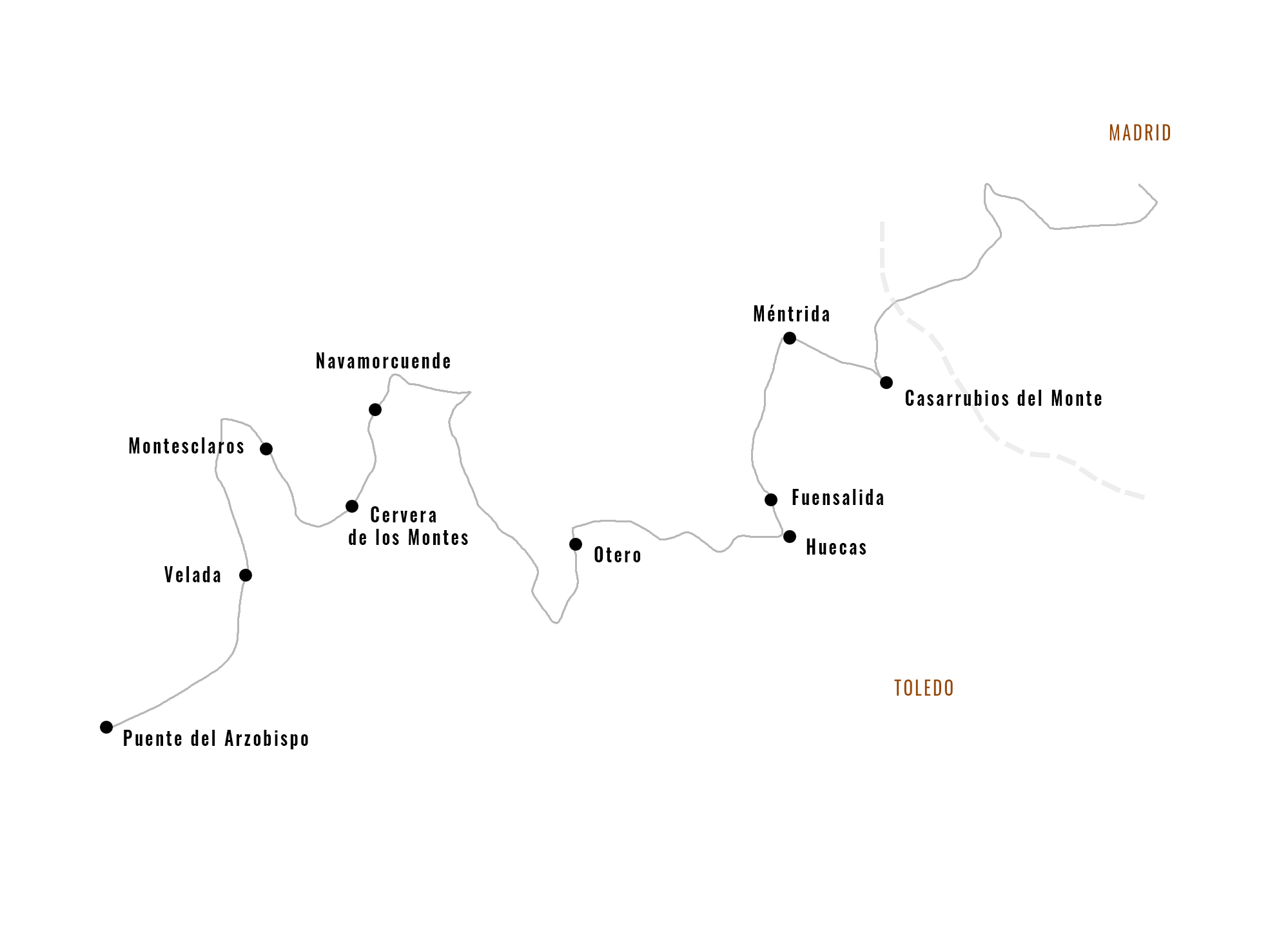 Mapa de la primera ruta, desde Madrid hasta Puente del Arzobispo