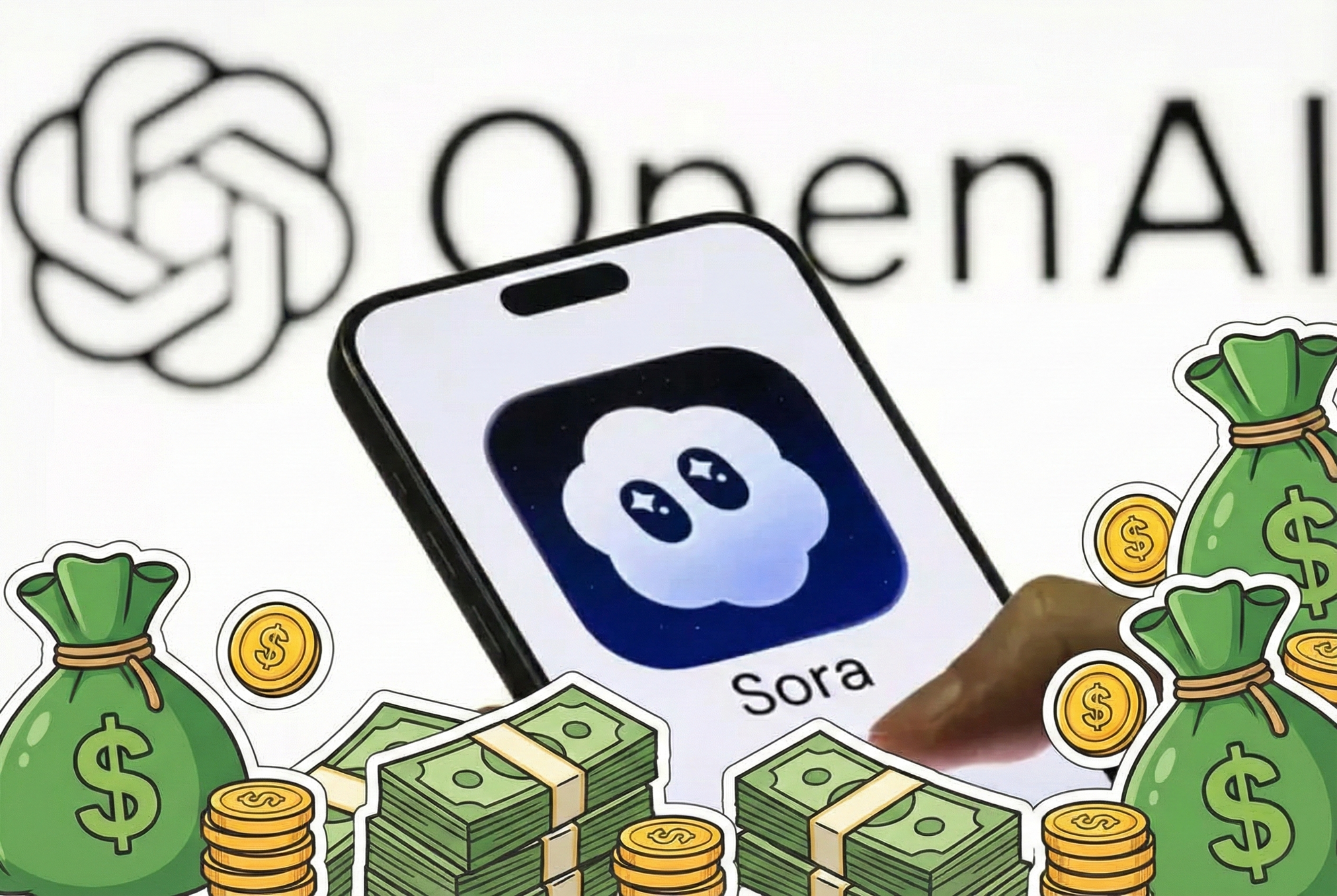 Sora 2 app, on a phone screen, Open AI logo blurred in background, money vector illustration stickers in the foreground