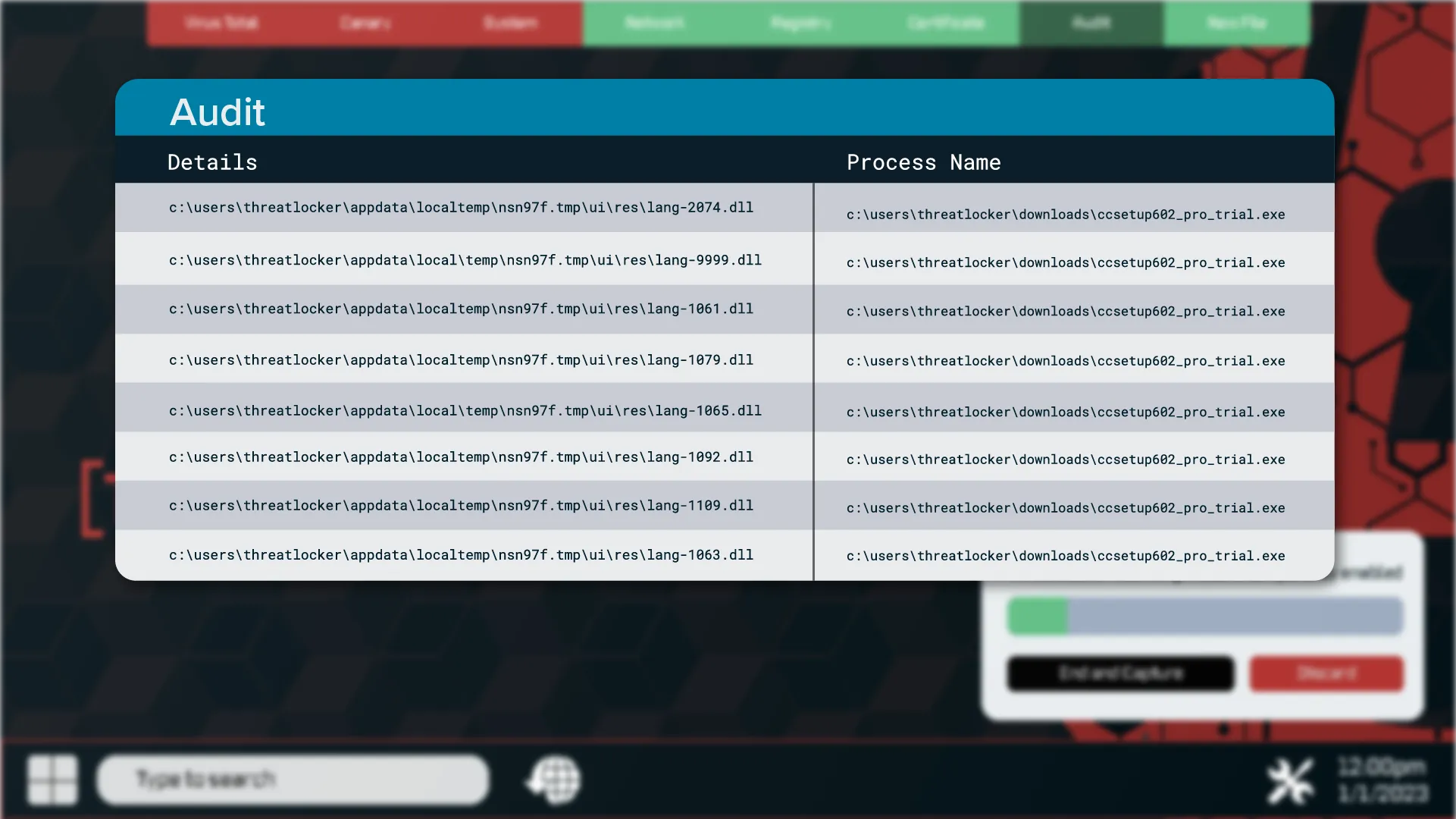 Graphic of illustration of ThreatLocker Testing Environment  showing real time audit of application being testing