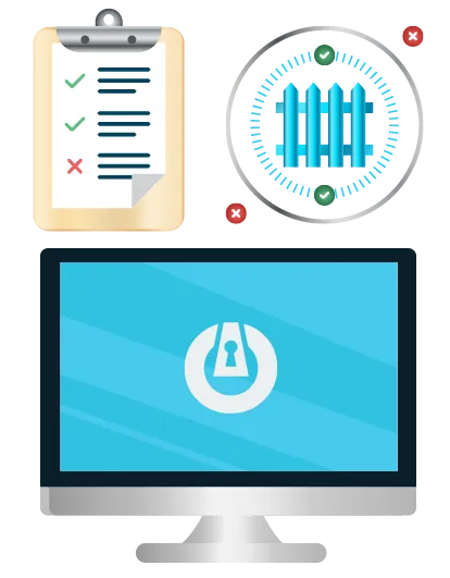 Illustration of computer with ThreatLocker using Allowlisting and RIngfencing