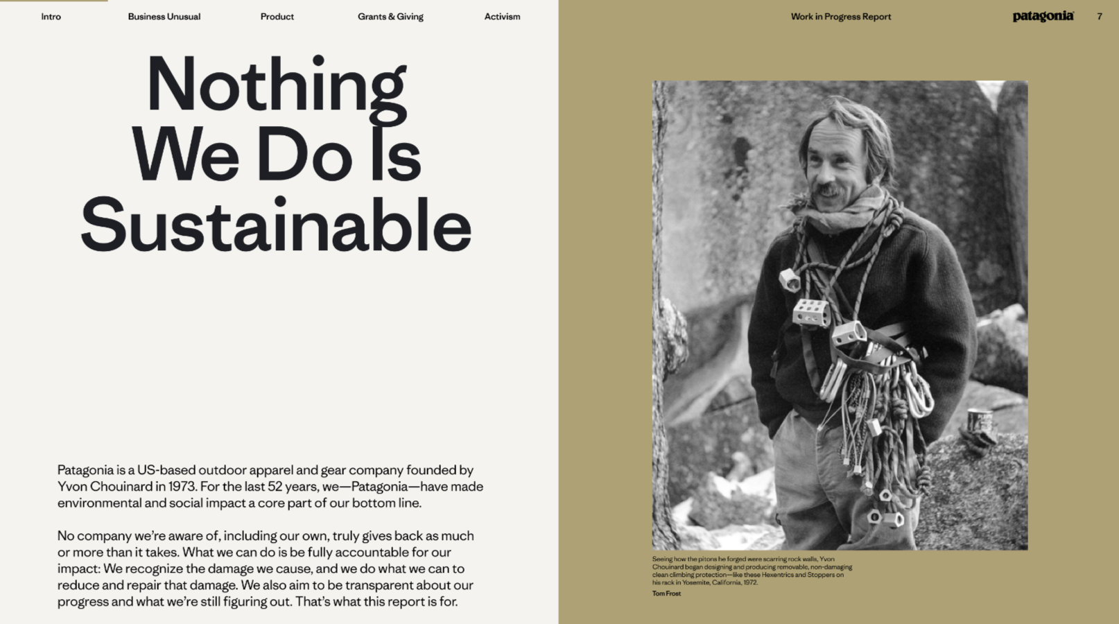 A spread from a report that says nothing is sustainable on the left and a photo of a climber on the right
