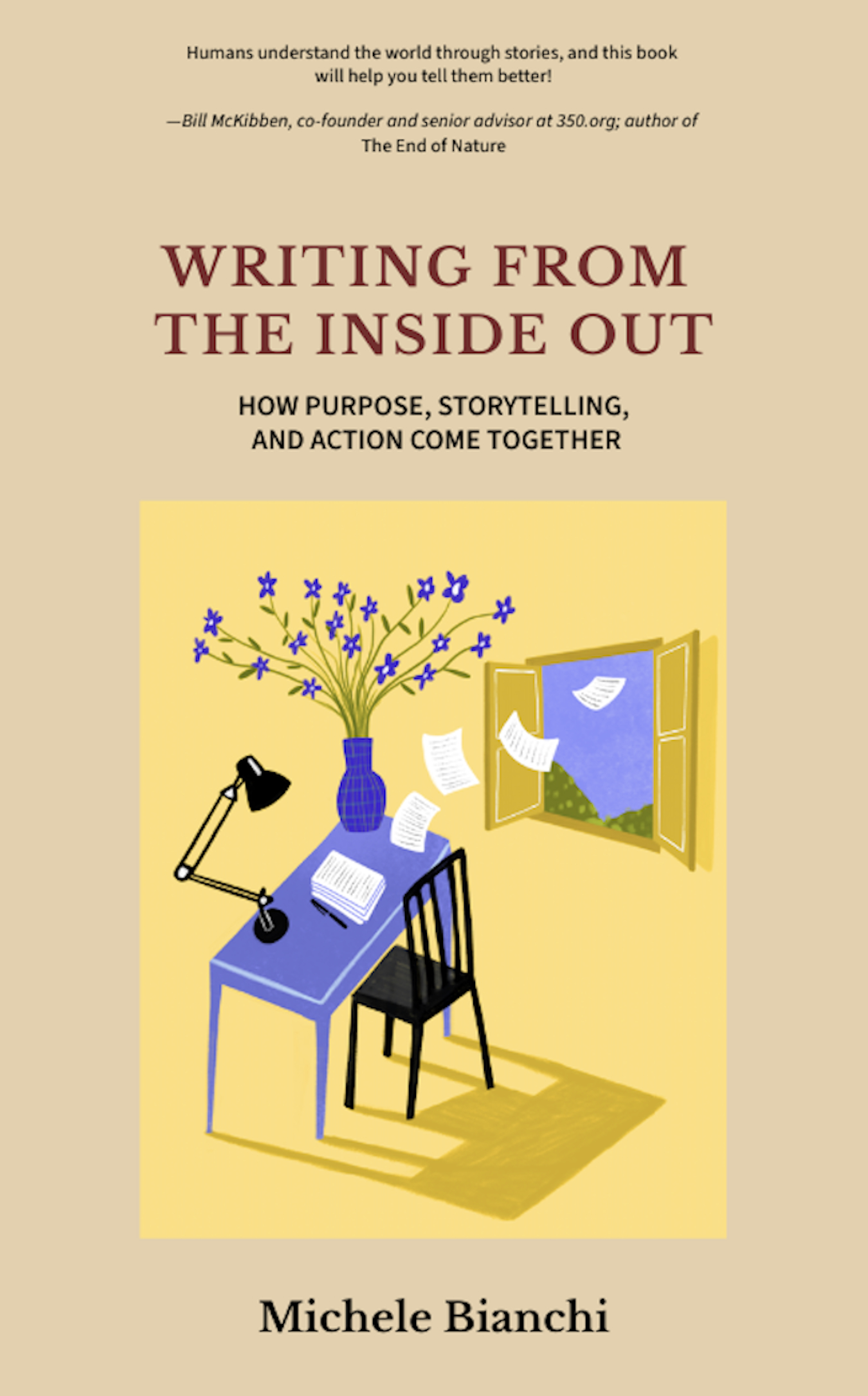Cover of a book that says writing from the inside out with a desk on a yellow background, and page is flying out the window