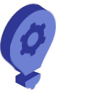 Blue 3D icon combining a map pin with a gear symbol inside.