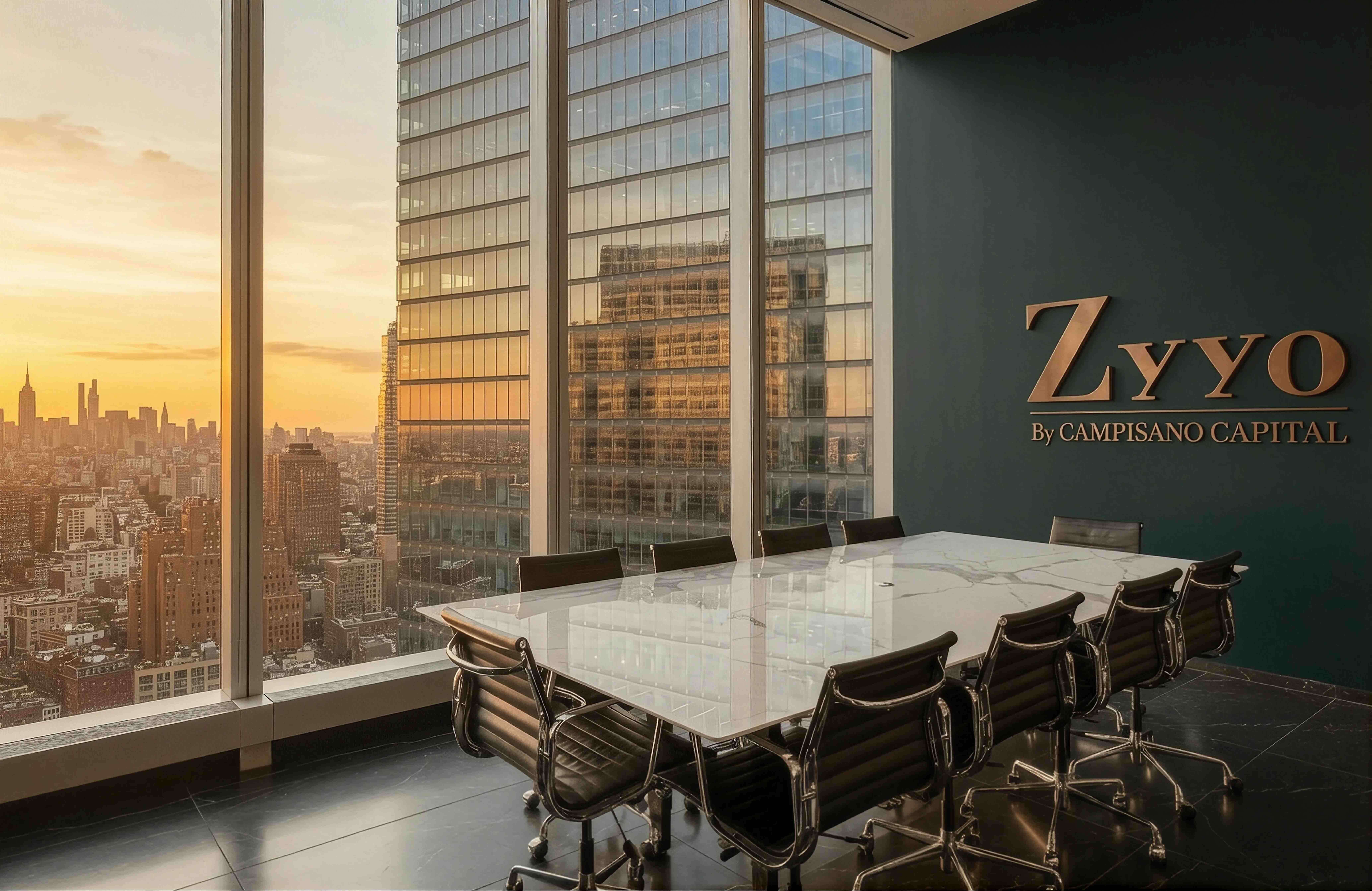 Modern Zyyo conference room with panoramic New York City skyline views in a high-rise real estate development office