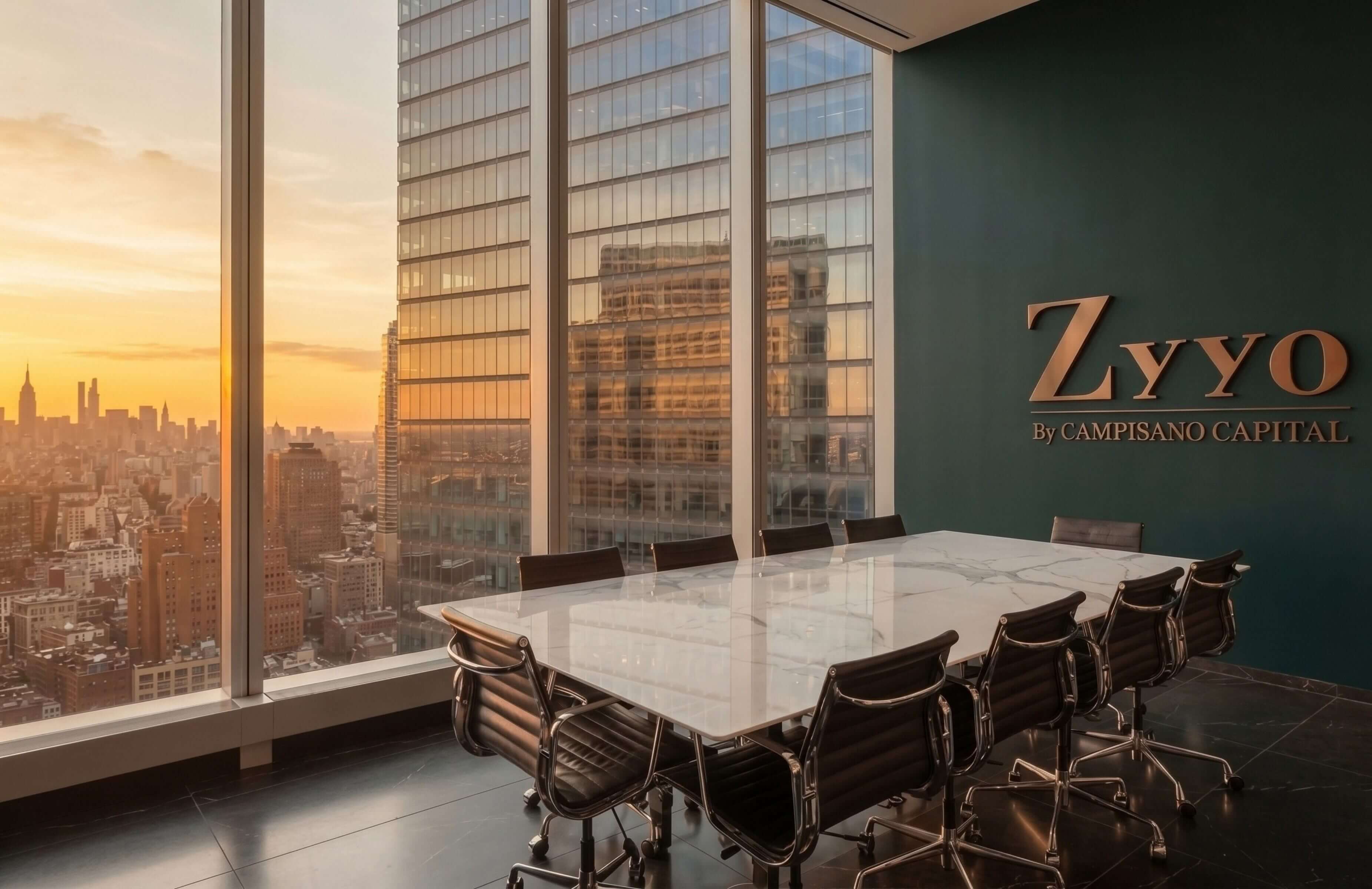Modern Zyyo conference room with panoramic New York City skyline views in a high-rise real estate development office