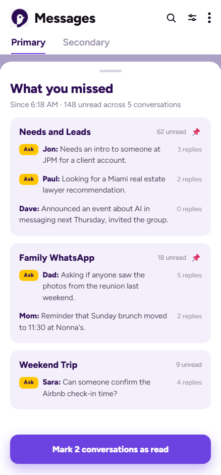 The Sunbird Catch Me Up feature showing a summary of missed messages