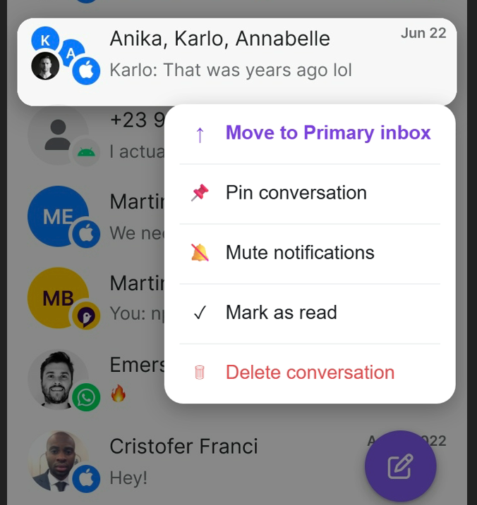 The Sunbird conversation menu open, with the Move to Primary inbox action at the top