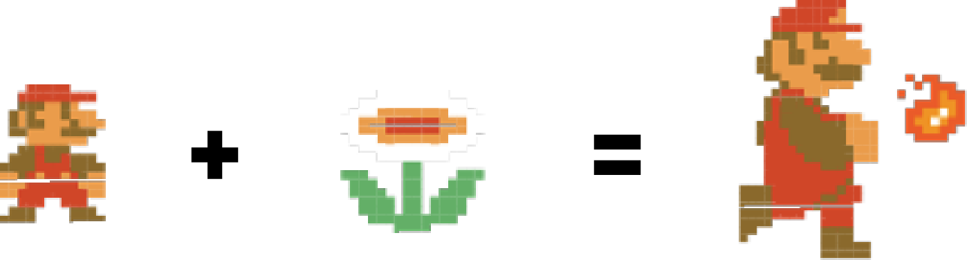 Scenario 1: small Mario plus a fire flower equals big Mario throwing a fireball, a new capability