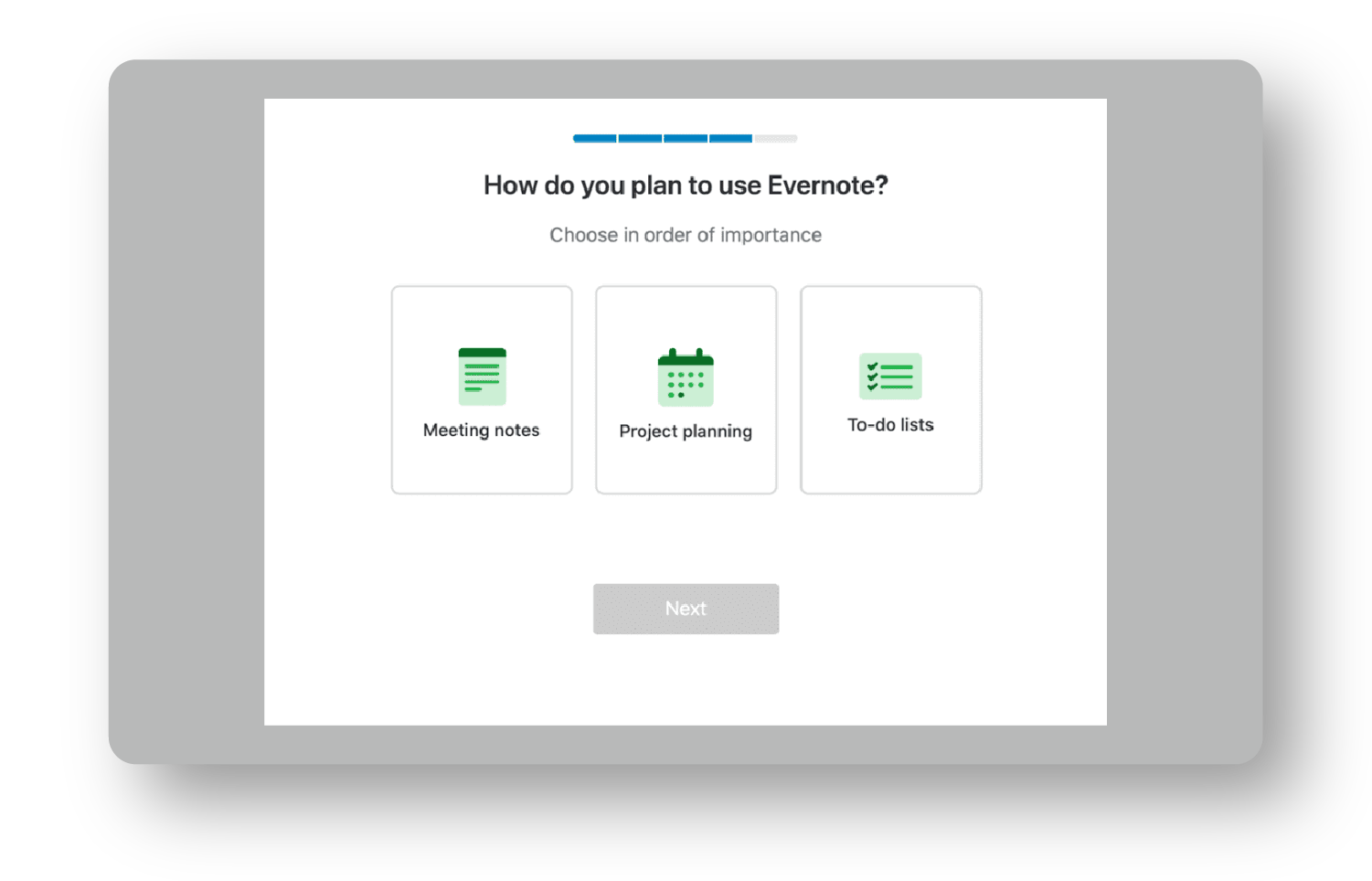 Product tour example: Evernote asks How do you plan to use Evernote? with Meeting notes, Project planning and To-do lists