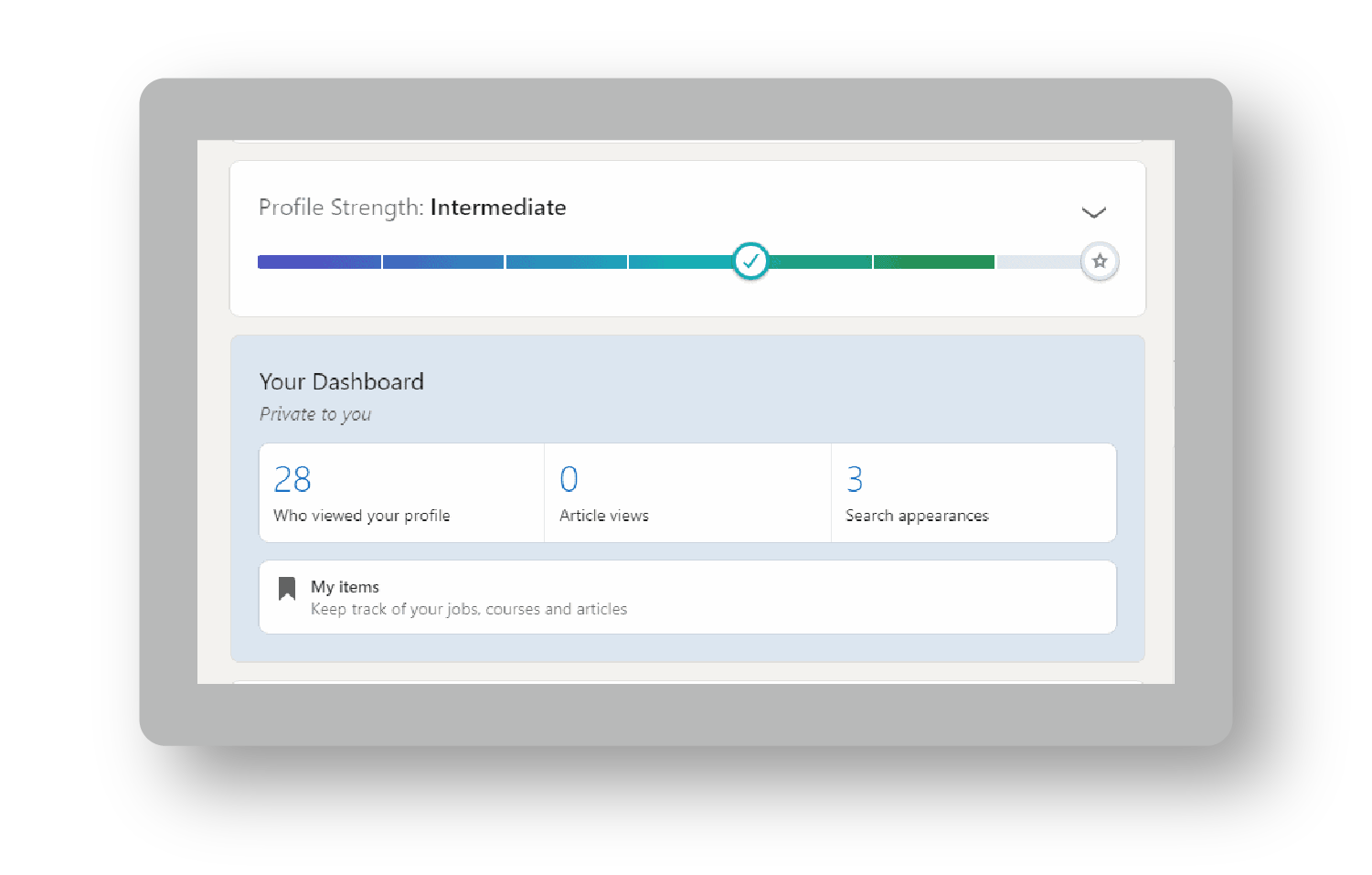 Progress bar example: a LinkedIn Profile Strength meter at Intermediate above the profile dashboard