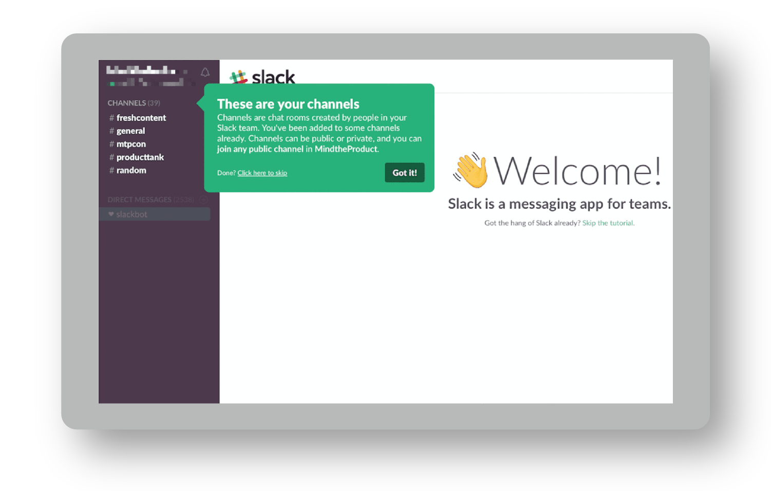 Onboarding tooltip example: Slack's These are your channels tooltip pointing at the channel list