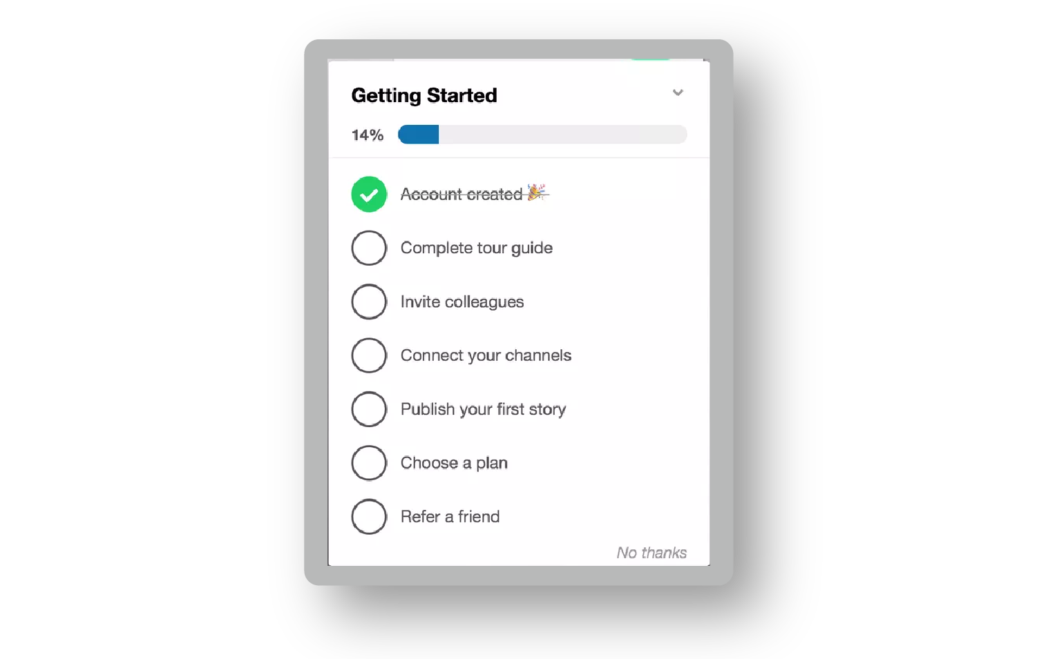 Checklist example: a Getting Started checklist at 14% with Account created ticked and six setup tasks left
