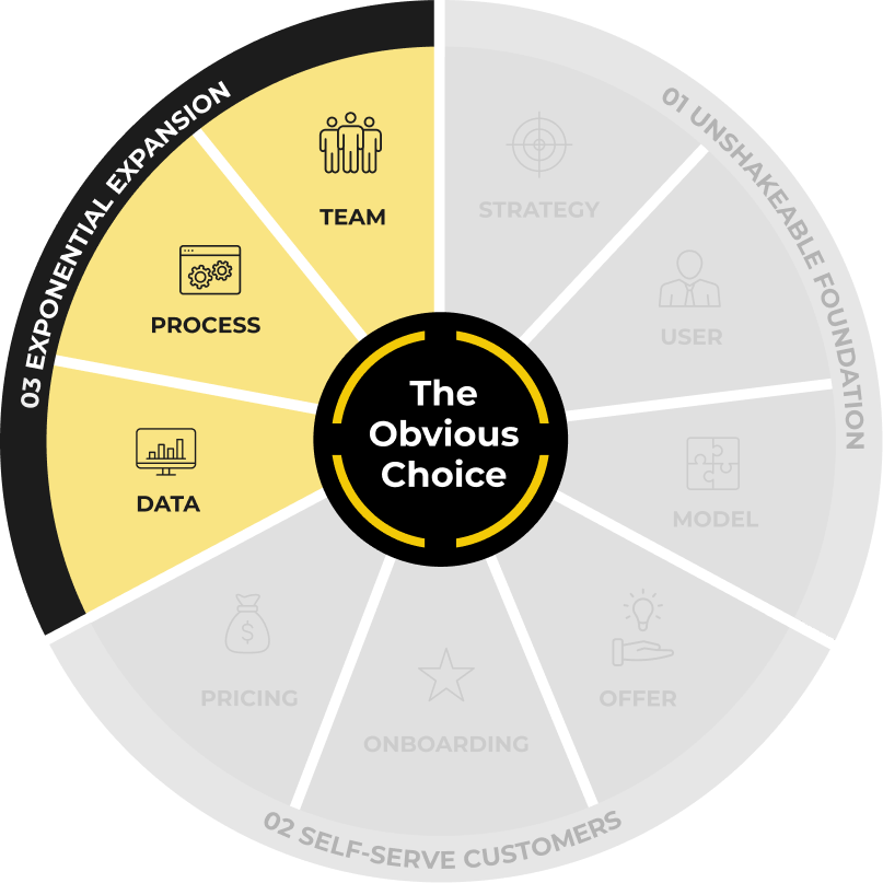 The ProductLed System wheel with Stage 3, Exponential Expansion, highlighted: Data, Process and Team