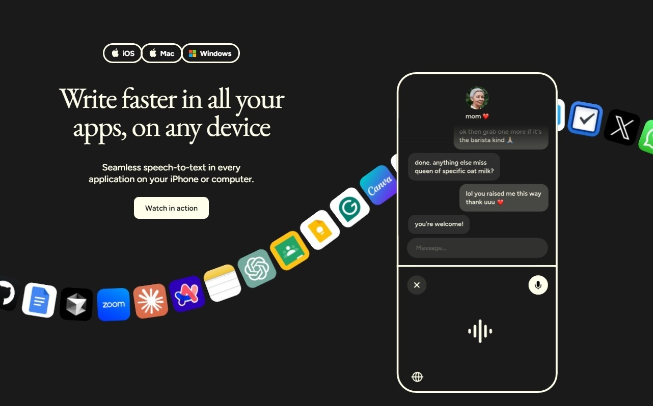 A dictation app's homepage: "Write faster in all your apps, on any device", with a phone showing voice-to-text messages and a ring of app icons.