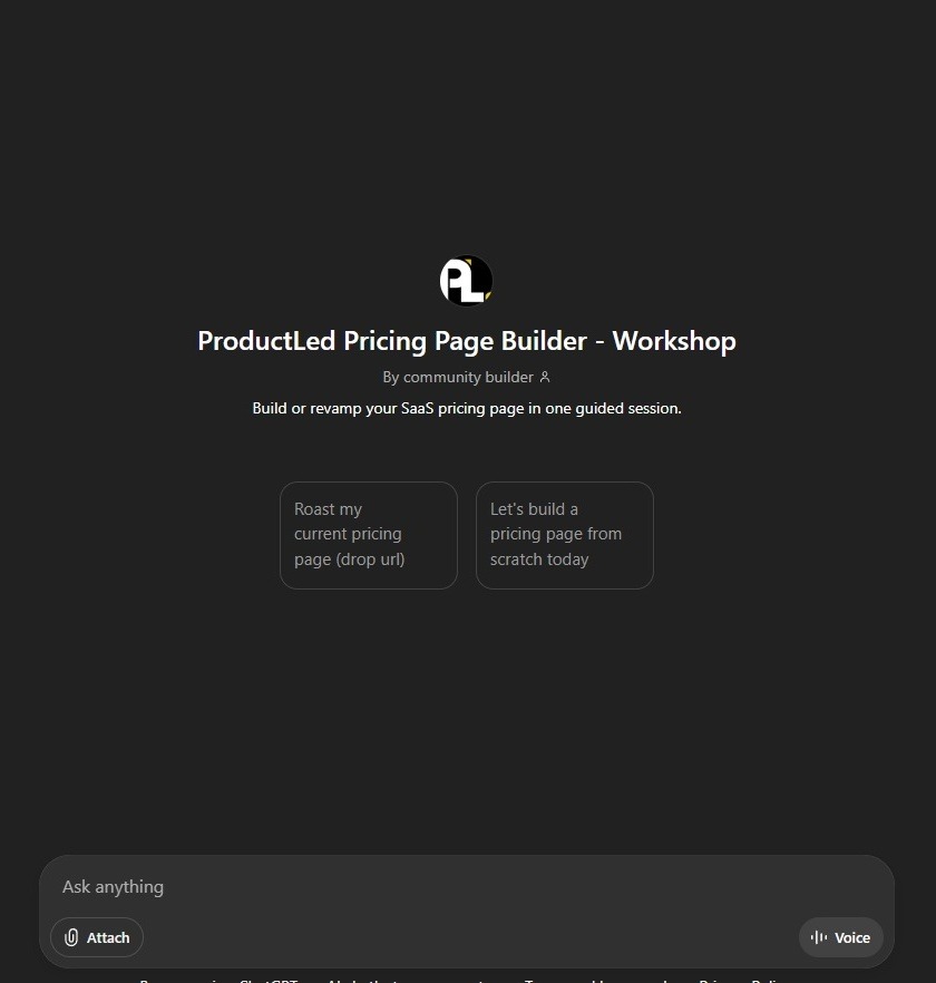 A custom GPT in ChatGPT, "ProductLed Pricing Page Builder - Workshop", for building or revamping a SaaS pricing page in one guided session.