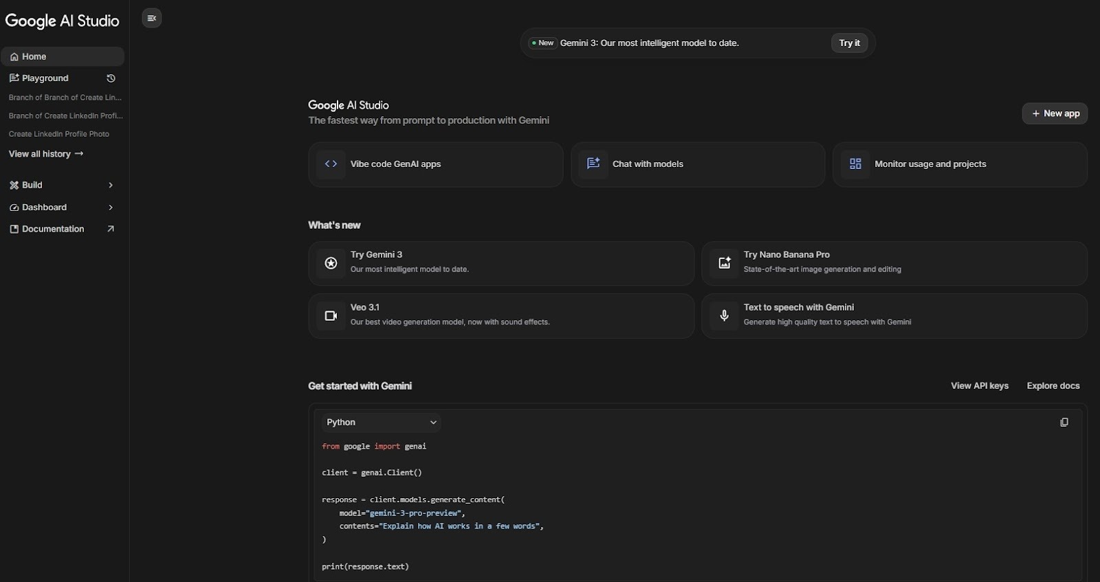 Google AI Studio home: "The fastest way from prompt to production with Gemini", with what's new and a Python code sample.