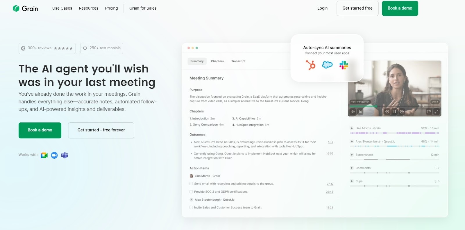 Grain's homepage: "The AI agent you'll wish was in your last meeting", beside an AI meeting summary of a recorded call.