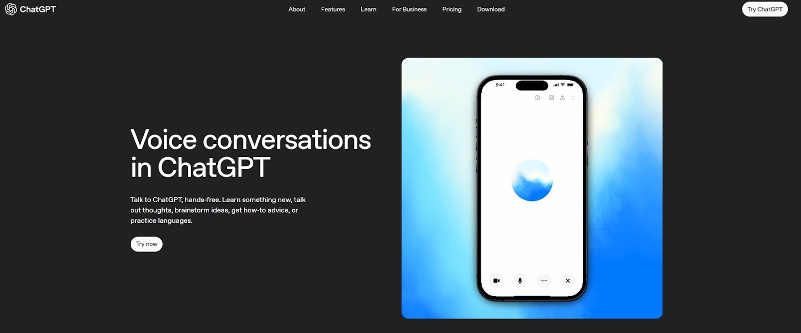 ChatGPT's page "Voice conversations in ChatGPT", with a phone showing the voice mode screen.
