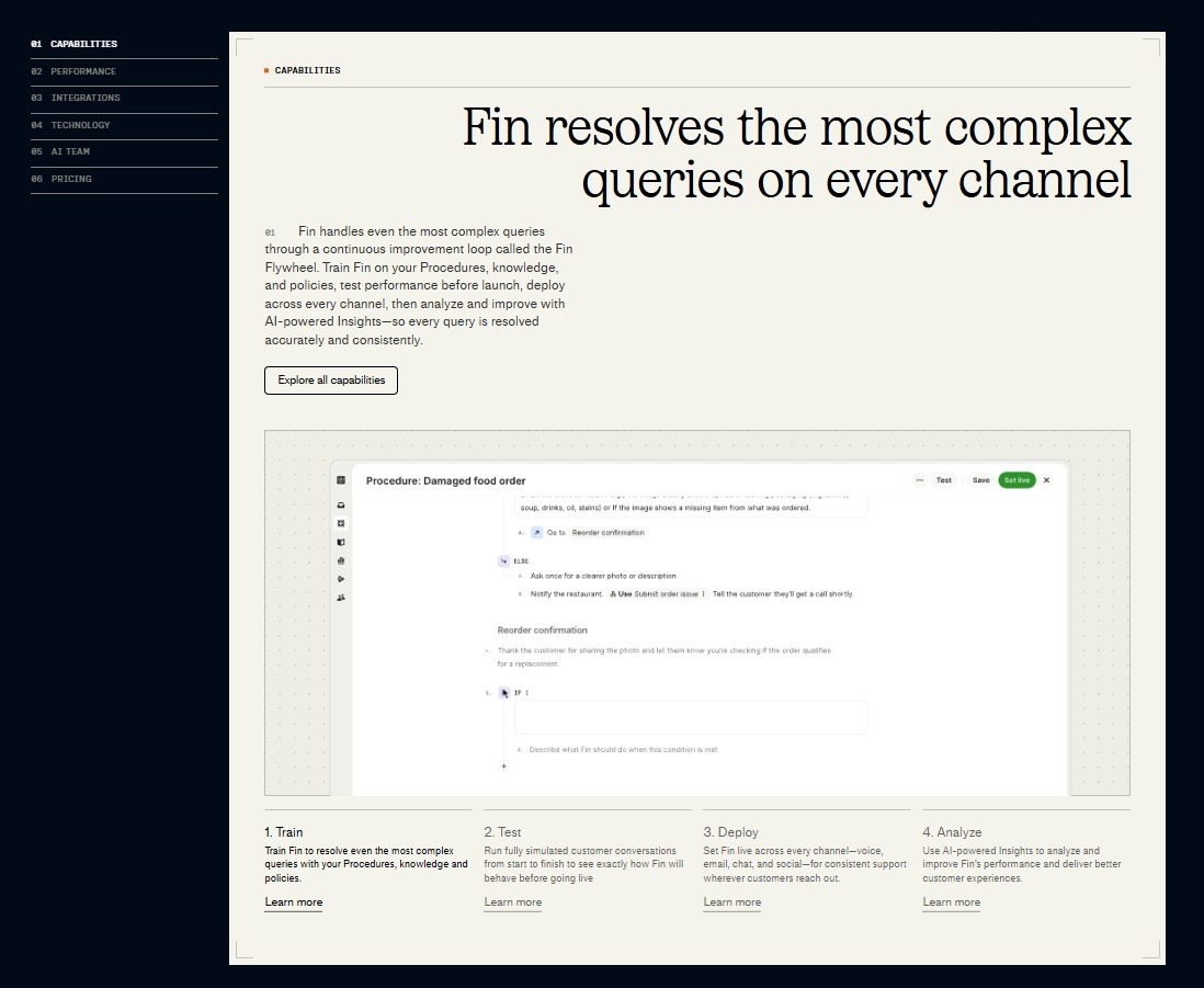 Fin's product page: "Fin resolves the most complex queries on every channel", with a procedure editor and the Train, Test, Deploy, Analyze steps.