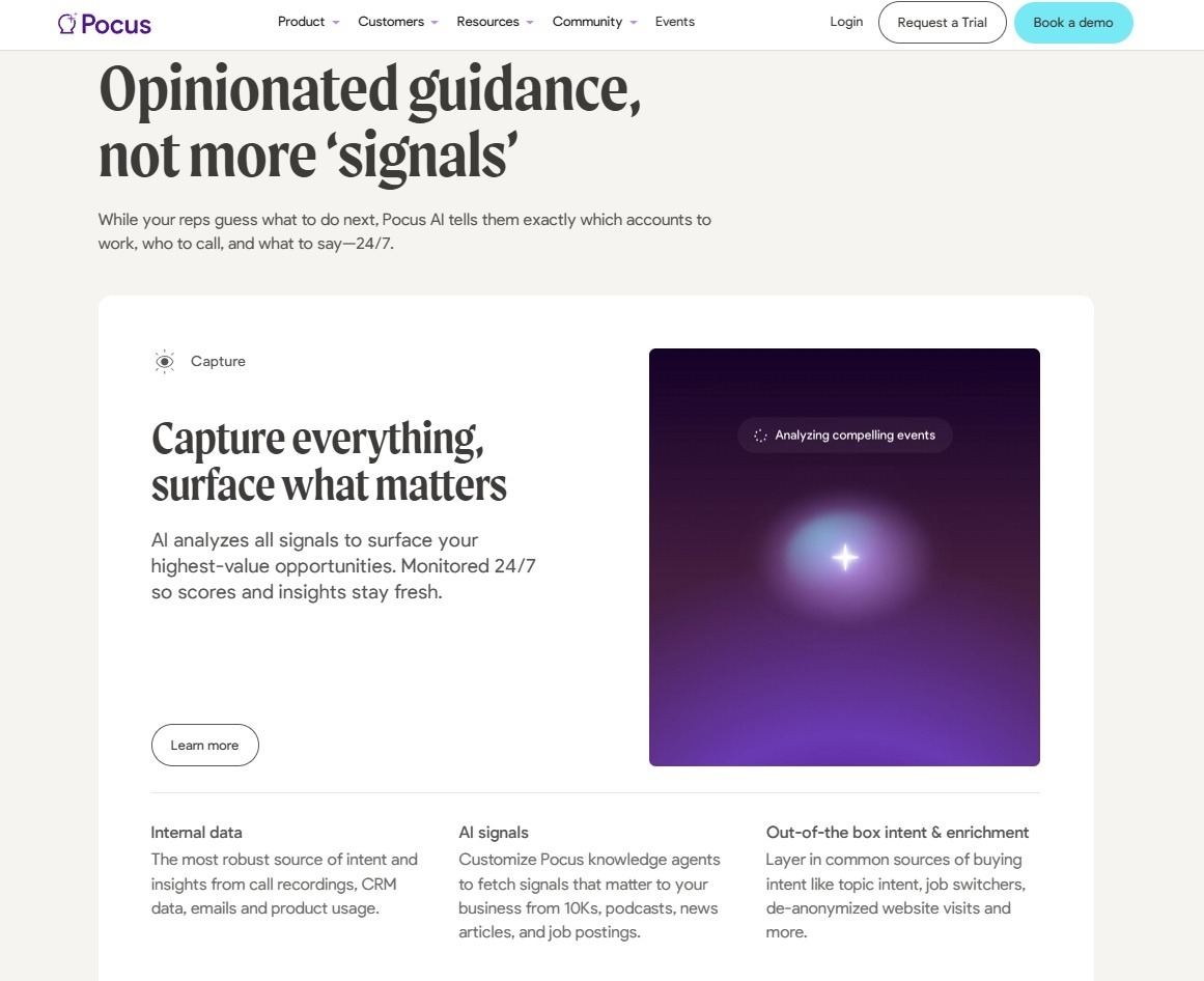 Pocus homepage: "Opinionated guidance, not more 'signals'", with a section on capturing everything and surfacing what matters.